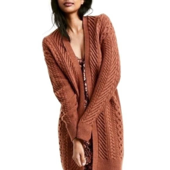 Nili Lotan Long Rust Pumpkin Cable Knit Wool Blend Open Front Cardigan - Picture 1 of 16